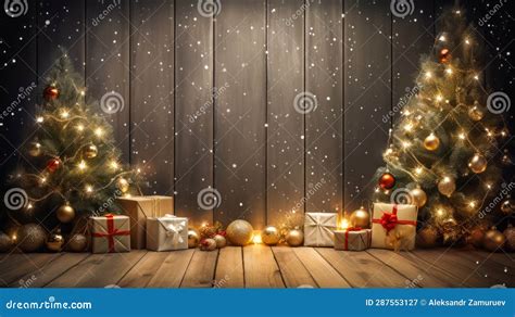 christmas trees and heap of t boxes and space for text over wall christmas background stock