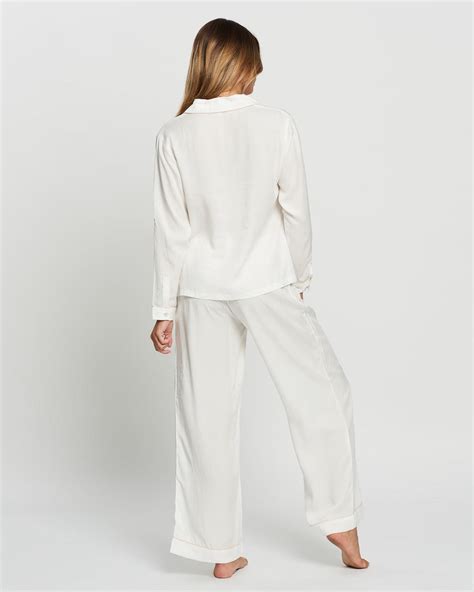 Eva Long Tencel™ Womens Pyjama Set White With Blush Piping Homebodii Homebodii Au