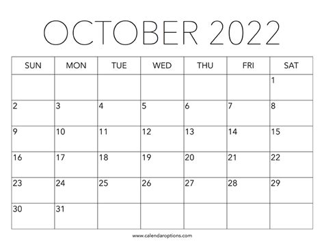 Printable October 2022 Calendar Calendar Options