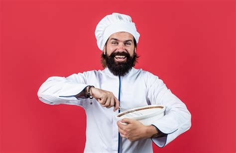 Premium Photo Having Fun Male Chef In Hat Prepare Healthy Meal Handsome Man With Beard And