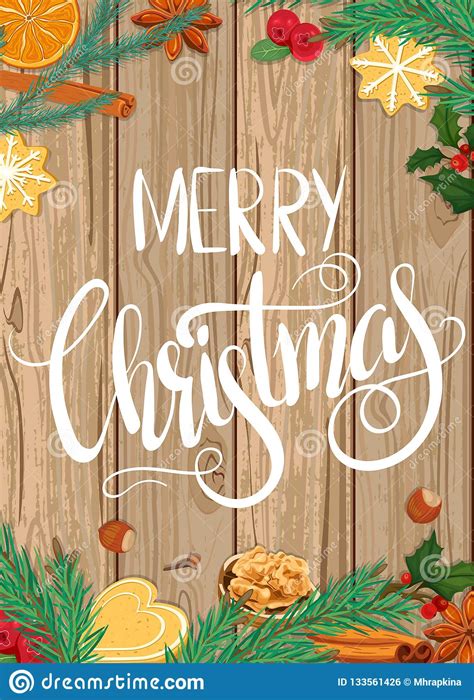Merry Christmas Illustration On Wooden Background Stock Vector