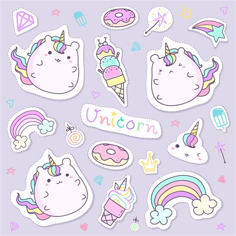 Kawaii Unicorn Sticker Collection In Pastel Color Cute Doodle Clip Art