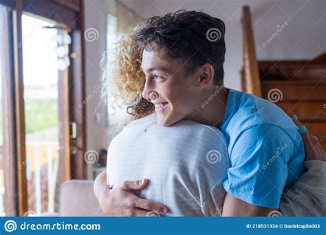 Loving Teenager Smiling Enjoy Moment Strong Cuddles Adult Mom After