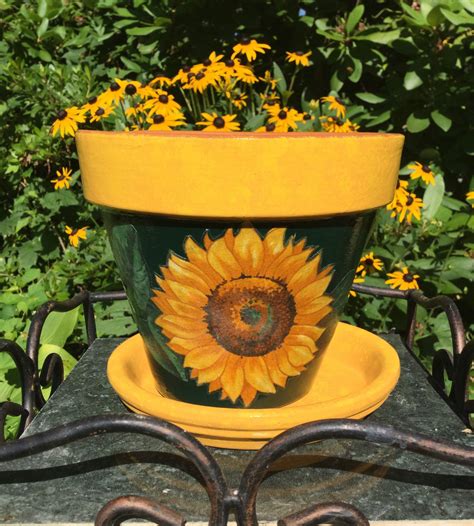 Sunflower Flower Flower Pot With Saucer Sunflower Planter Etsy