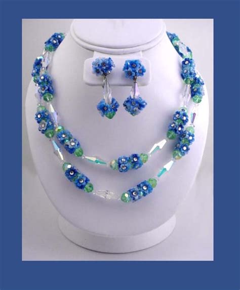 Vendome Aurora Borealis Crystal Bead And Plastic Flower Necklace And Earrings