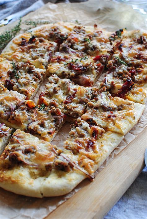 Sun Dried Tomato Pizza With Sausage And Roasted Garlic Bev Cooks