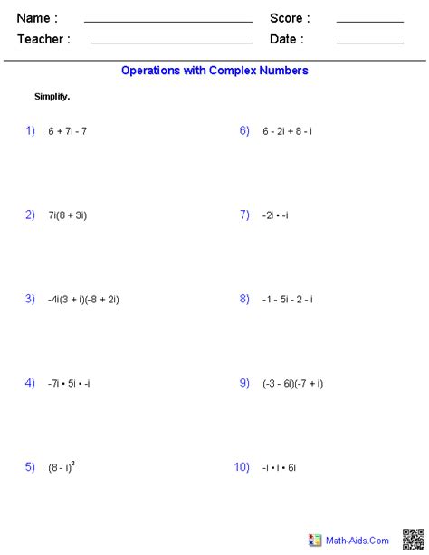 Solve By Taking Square Roots Complex Numbers Worksheet