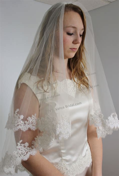 Alencon Lace Veil In Fingertip Length In Two Tier Bridal Lace Veil With Two Layers And Beaded