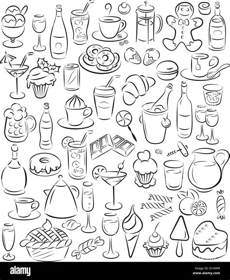 Vector Illustration Of Sweet Food And Drinks Collection In Line Art