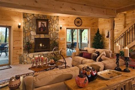 Interior Log Cabin Paneling Using Knotty Pine Wood With Natural Stone