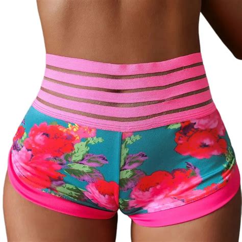 Women Sexy High Waist Shorts Stretchy Ruched Back Butt Lift Floral Printing Workout Sports