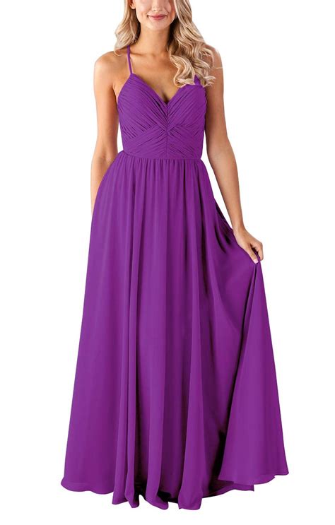 spaghetti strap long bridesmaid dresses chiffon a line women s formal evening gown with pockets
