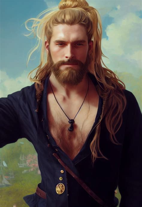 Handsome Muscular Pirate Model Long Blonde Hair Tied Midjourney Openart