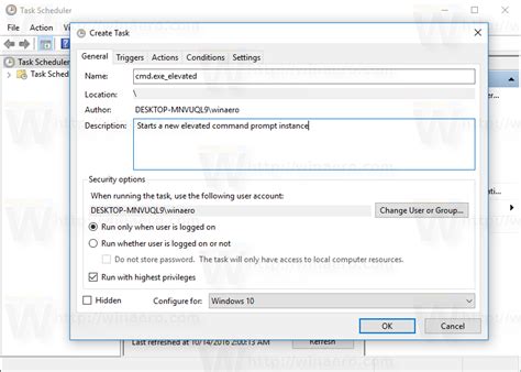 Click on the 'action' in the top horizontal menu a create task dialogue box will appear, where into 'general' tab you have to set up name, descriptions and security option of the task. How to always run command prompt as Administrator in ...