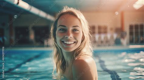 Young Adult Woman In Swimming Pool Wellness Spa Or Hotel Or Public Swimming Pool Smiling Joy