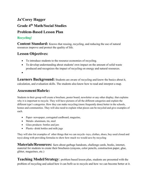 Problem Based Learning Lesson Plan Template Rev Educa