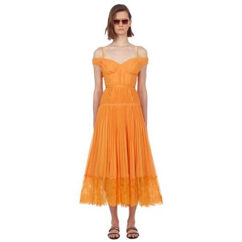💎 self portrait orange off shoulder pleated chiffon dress authentic sp women s fashion clothes