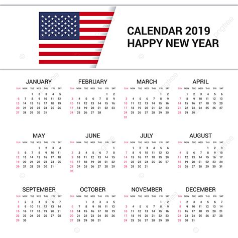 Calendar 2019 United States Of America Flag Background English 2019 4