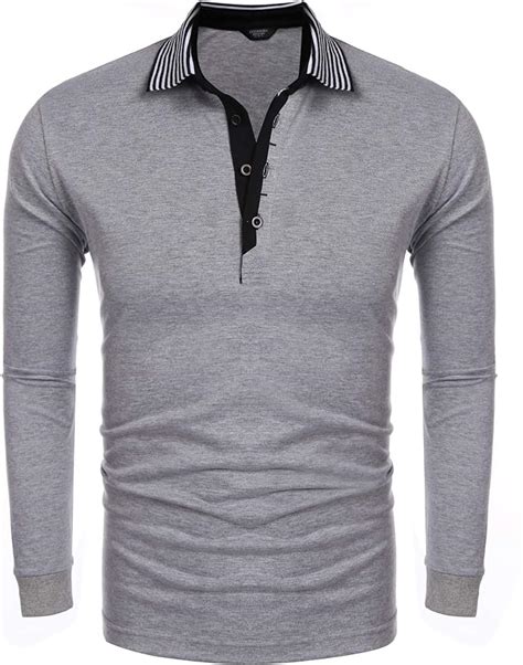 Coofandy Mens Long Sleeve Polo Shirt Striped Collar Casual Slim Fit