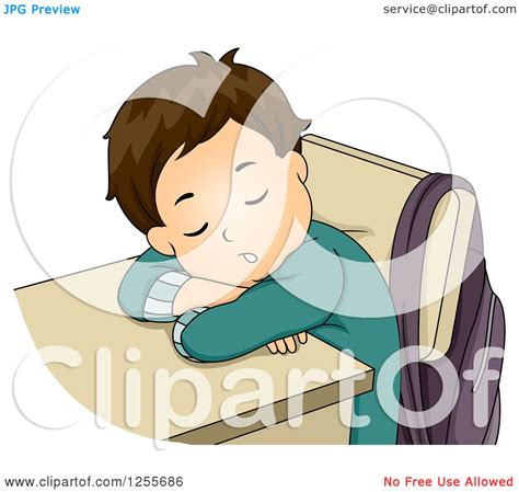 Clipart Of A Tired White Brunette School Boy Sleeping At His Desk