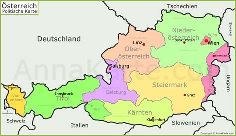 Ein bundesland ist zwar selbst eine art staat, es gehört aber zu einem größeren staat. Österreich politische Landkarte - AnnaKarte.com