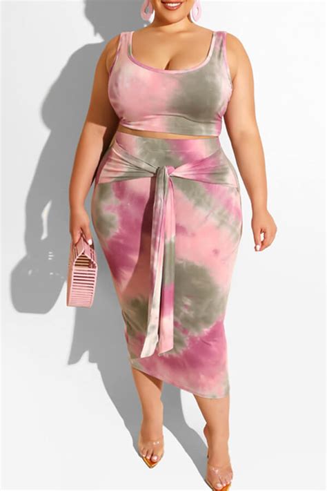 Lovely Casual Tie Dye Pink Plus Size Two Piece Skirt Setplus Size Two
