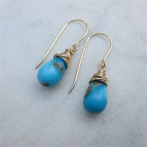 Blue Turquoise Gold Filled Earrings With Smooth Pear Etsy