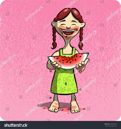 Cartoon Illustration Happy Girl Eating Watermelon Stock Vector Royalty