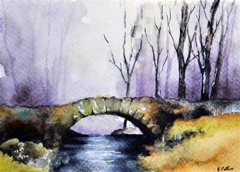 ORIGINAL Watercolor Painting Autumn Landscape Stone Bridge