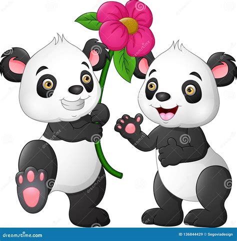 Cartoon Couple Panda With A Flowers Stock Vector Illustration Of