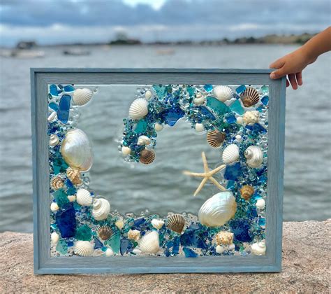 Large X Beach Glass Panel In Blue Frame With Etsy Sea Glass Crafts Sea Glass Art