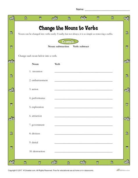 On these worksheets, students learn to identify the part of speech of a word. Change the Nouns to Verbs | Printable 3rd - 5th Grade ...