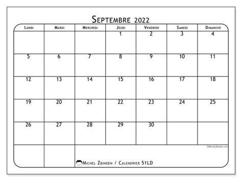 Calendriers Septembre 2022 “lundi Dimanche” Michel Zbinden Fr