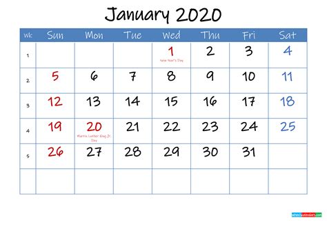 Printable January 2020 Calendar Word Template Ink20m13