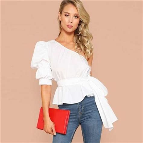 white one shoulder puff sleeve peplum knot belted blouse party blouse fashion blouses for women