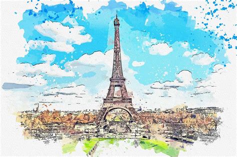 Eiffel Tower Paris France Watercolor By Ahmet Asar Painting By