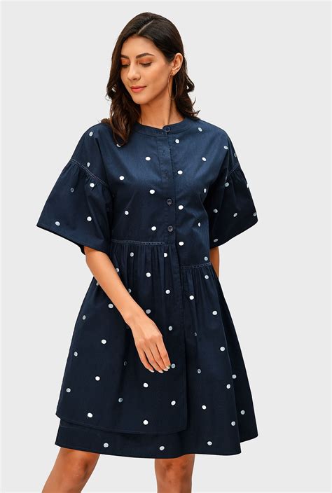 Shop Polka Dot Embroidery Poplin High Low Shirt Dress Eshakti