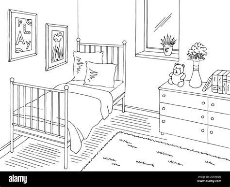 Children Room Graphic Black White Interior Sketch Illustration Vector