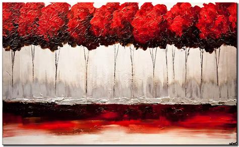 Canvas Print Of Red Blooming Trees Painting Red Blossom Textured Art