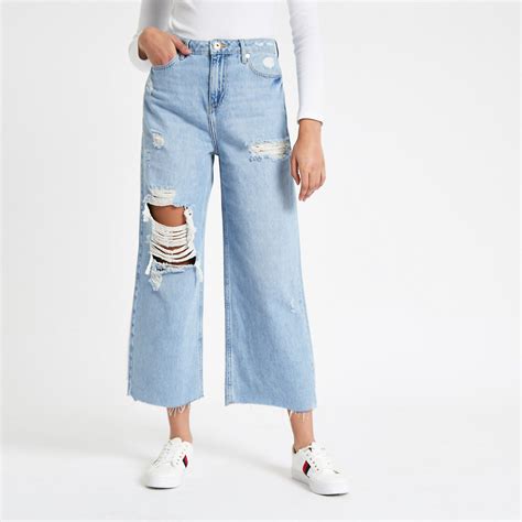 Blue Alexa Wide Leg Cropped Ripped Jeans River Island