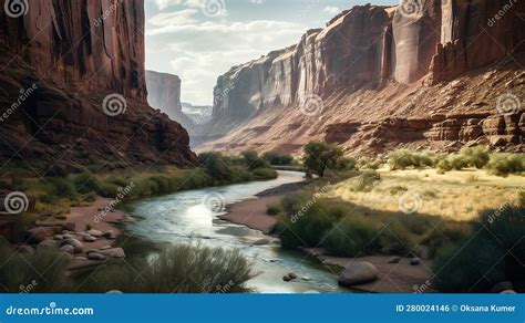 Serene Desert Oasis Nestled within Rocky Canyon with Towering Palm