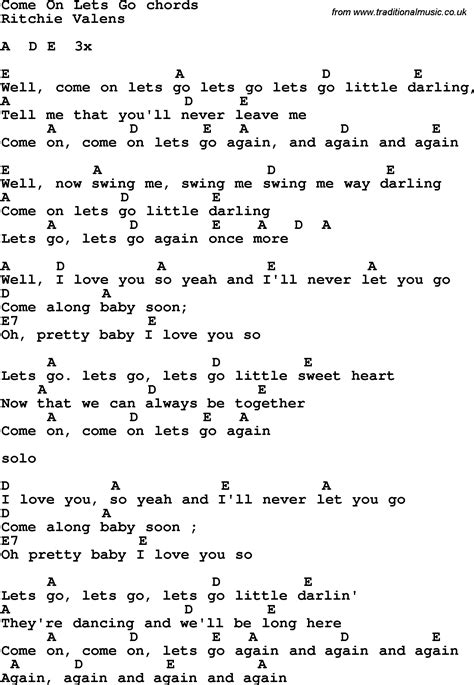 Song lyrics with guitar chords for Come On Lets Go