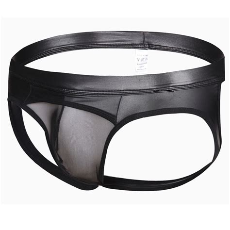 Sexy Lingerie Faux Leather Wet Look Mesh Crotch Pouch Brief Open Butt