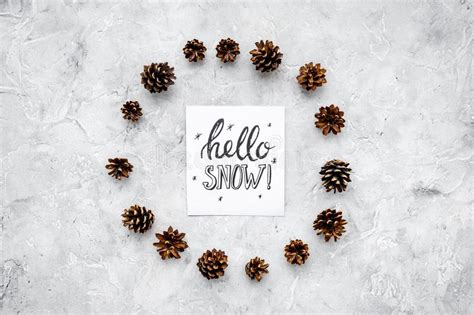 Hello Snow Hand Lettering Winter Pattern With Spruce Branch And Cones