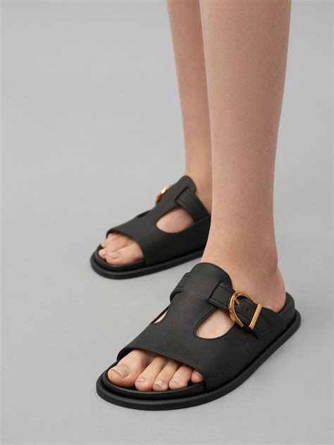 Black Cut Out Buckled Slides Charles And Keith Hk