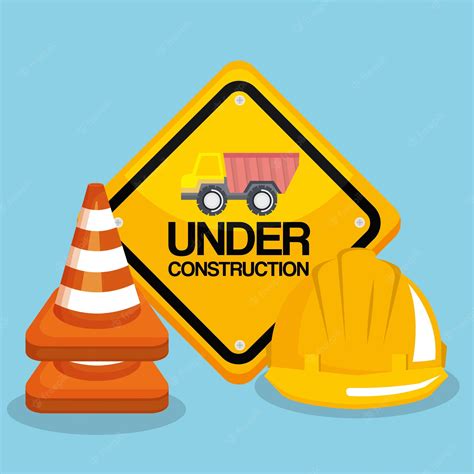 Premium Vector Under Construction Road Sign Helmet And Traffic Cone