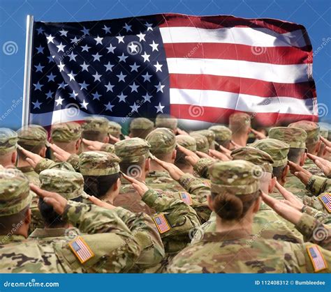 American Soldiers Saluting Us Flag Patriotic Concept Editorial