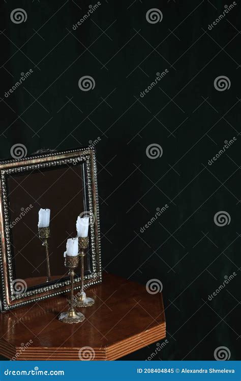Mystic Still Life With Mirror Reflection And Two Burning Candles