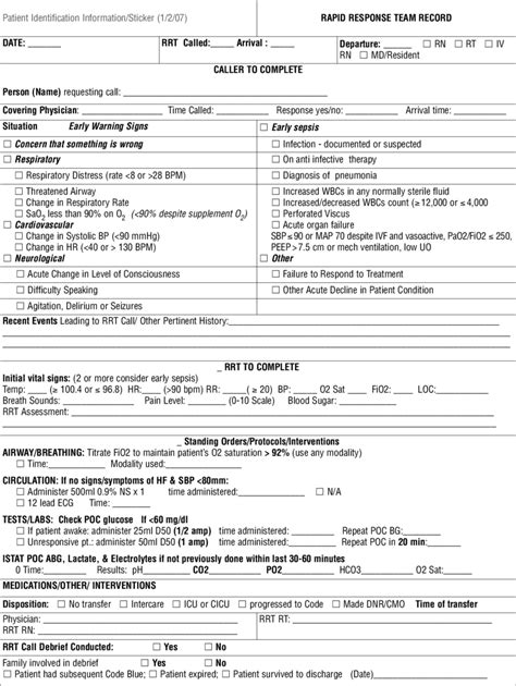 Documentation Form Used By Rapid Response Team Download Scientific