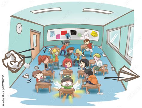 Cartoon Illustration Of A Messy School Classroom Full Of Naughty And
